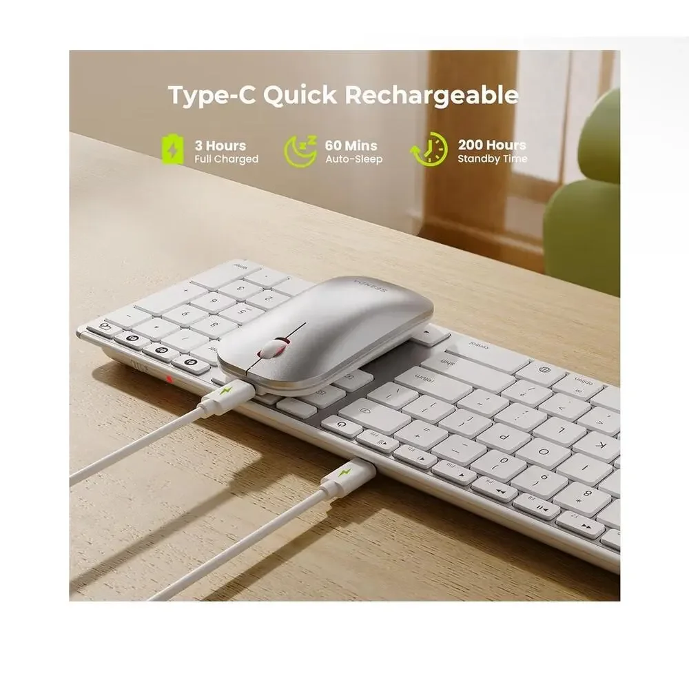 seenda COS500 Bluetooth Keyboard and Mouse, Slim, White/Silver Rechargeable